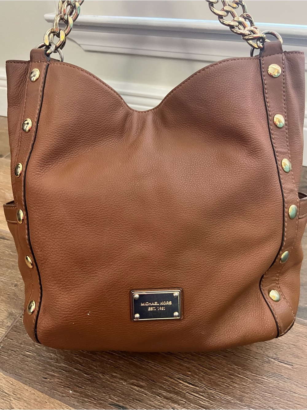 Michael Kors Delancy Studded Leather Chain Hobo Bag Luggage Brown